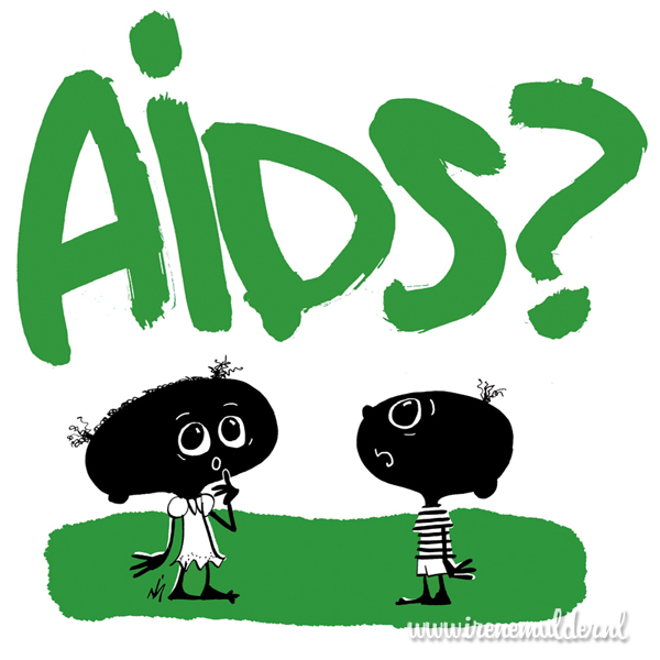 Illustratie van twee kindjes die naar de letters AIDS kijken met vraagteken
