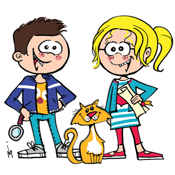 Illustratie vrolijke jongen en meisje en kat
